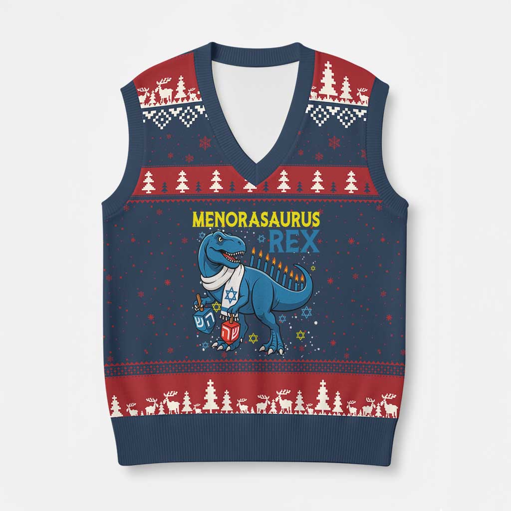 Funny Hanukkah Dinosaur With Dreidel Menorah Pun Gift V-Neck Knit Sweater Vest Menorasaurus Rex TS12 Navy Red Print Your Wear