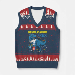 Funny Hanukkah Dinosaur With Dreidel Menorah Pun Gift V-Neck Knit Sweater Vest Menorasaurus Rex TS12 Navy Red Print Your Wear