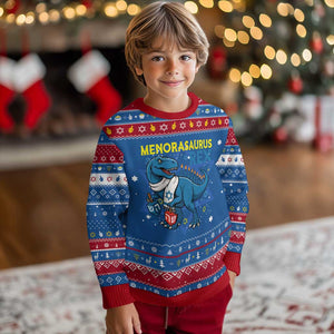 Funny Dinosaur With Dreidel Menorah Pun Gift Hanukkah Ugly Sweater Menorasaurus Rex TS12 Blue Red Print Your Wear