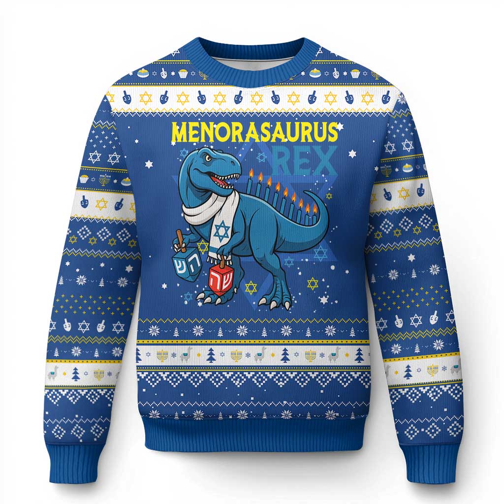 Funny Dinosaur With Dreidel Menorah Pun Gift Hanukkah Ugly Sweater Menorasaurus Rex TS12 Blue White Print Your Wear