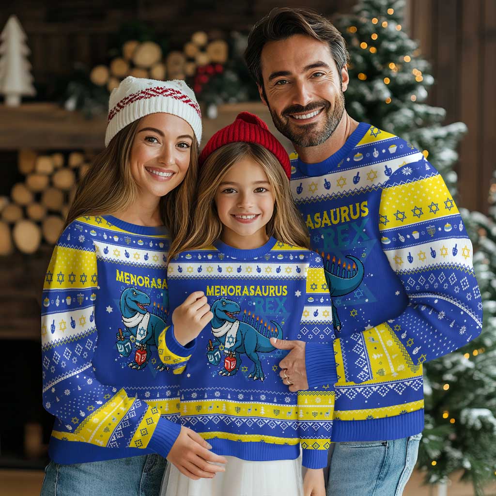 Funny Dinosaur With Dreidel Menorah Pun Gift Hanukkah Ugly Sweater Menorasaurus Rex TS12 Royal Blue Gold Print Your Wear