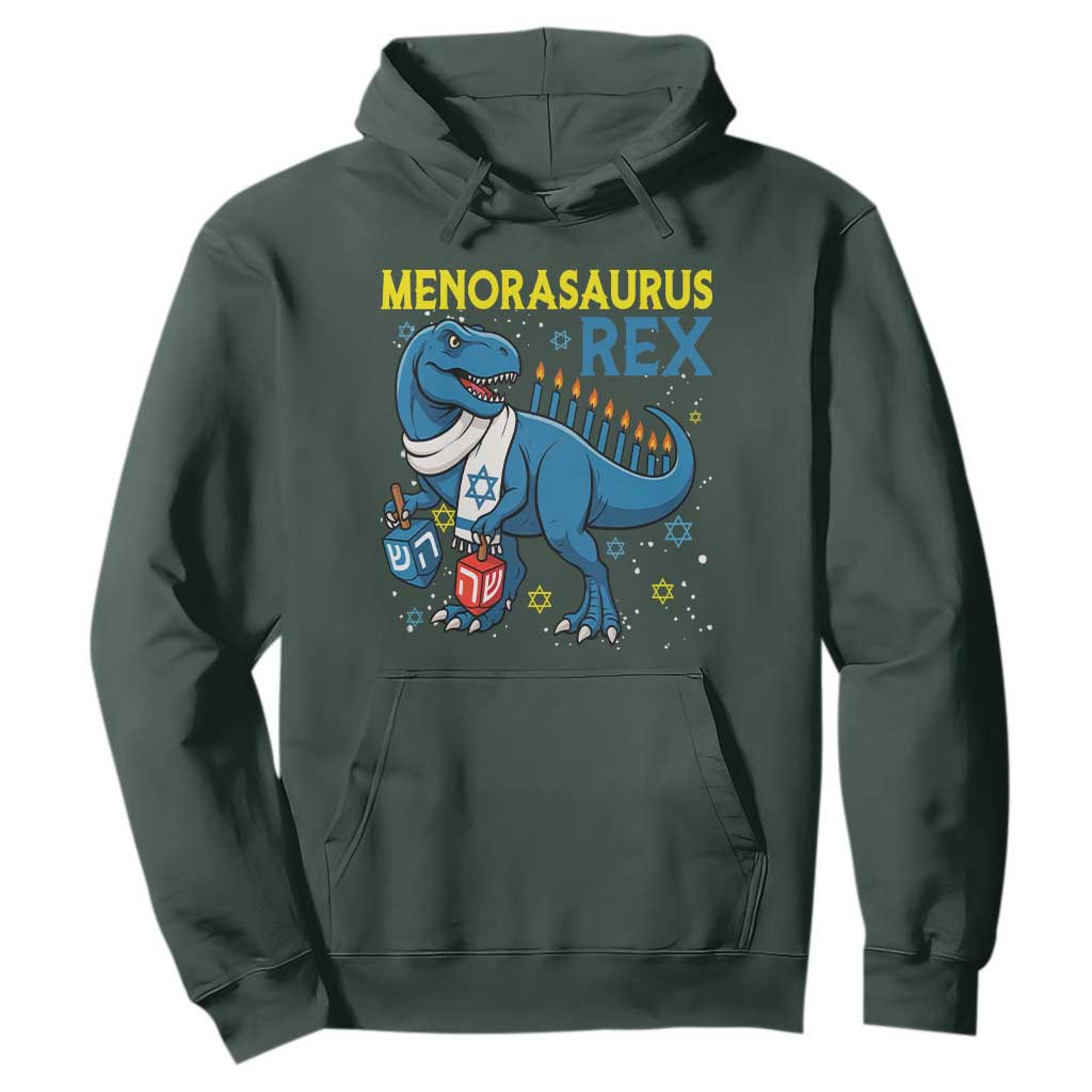 Funny Hanukkah Dinosaur With Dreidel Menorah Pun Gift Hoodie Menorasaurus Rex TS12 Dark Forest Green Print Your Wear