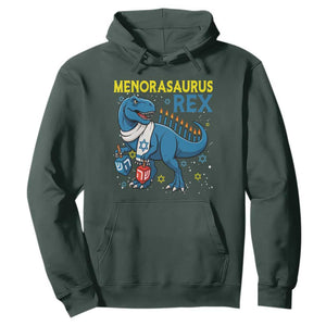 Funny Hanukkah Dinosaur With Dreidel Menorah Pun Gift Hoodie Menorasaurus Rex TS12 Dark Forest Green Print Your Wear