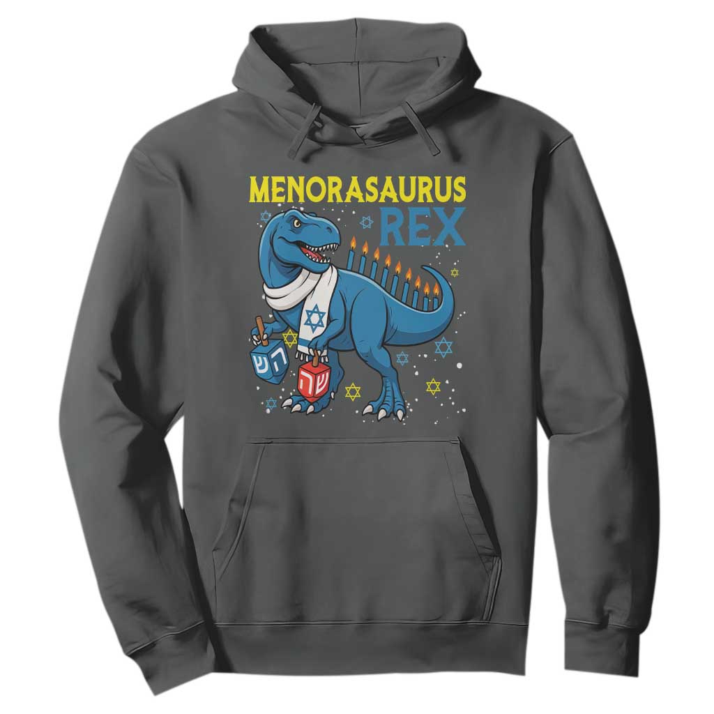 Funny Hanukkah Dinosaur With Dreidel Menorah Pun Gift Hoodie Menorasaurus Rex TS12 Dark Heather Print Your Wear