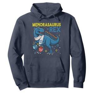 Funny Hanukkah Dinosaur With Dreidel Menorah Pun Gift Hoodie Menorasaurus Rex TS12 Navy Print Your Wear