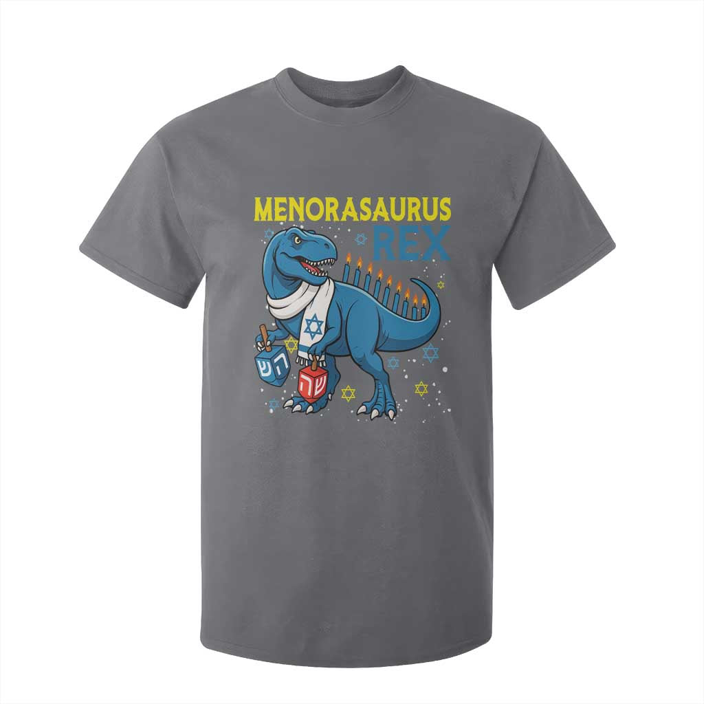 Funny Hanukkah Dinosaur With Dreidel Menorah Pun Gift T Shirt For Kid Menorasaurus Rex TS12 Charcoal Print Your Wear