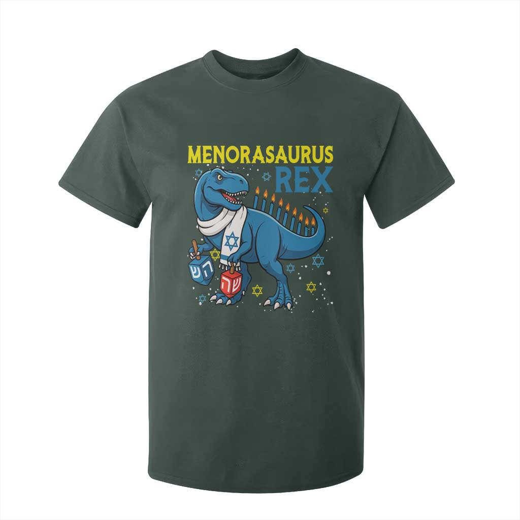 Funny Hanukkah Dinosaur With Dreidel Menorah Pun Gift T Shirt For Kid Menorasaurus Rex TS12 Dark Forest Green Print Your Wear