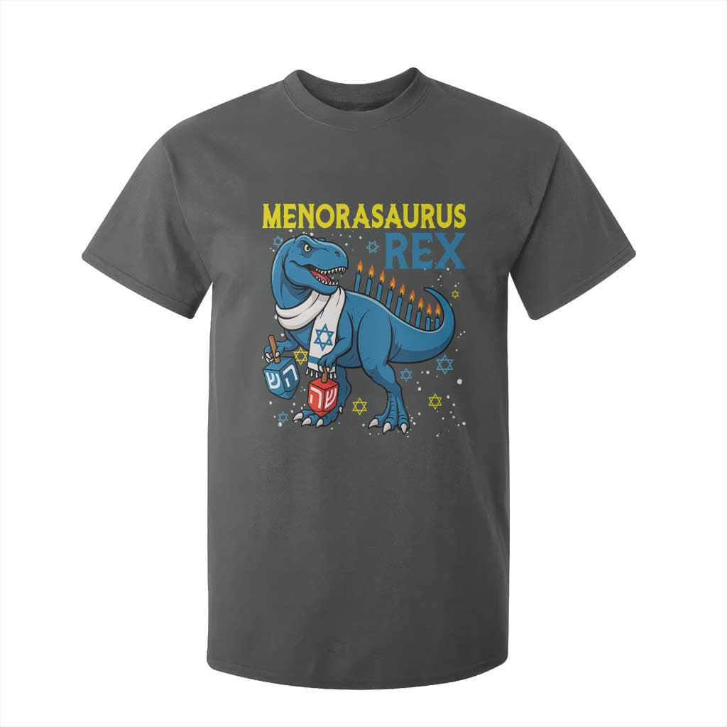 Funny Hanukkah Dinosaur With Dreidel Menorah Pun Gift T Shirt For Kid Menorasaurus Rex TS12 Dark Heather Print Your Wear