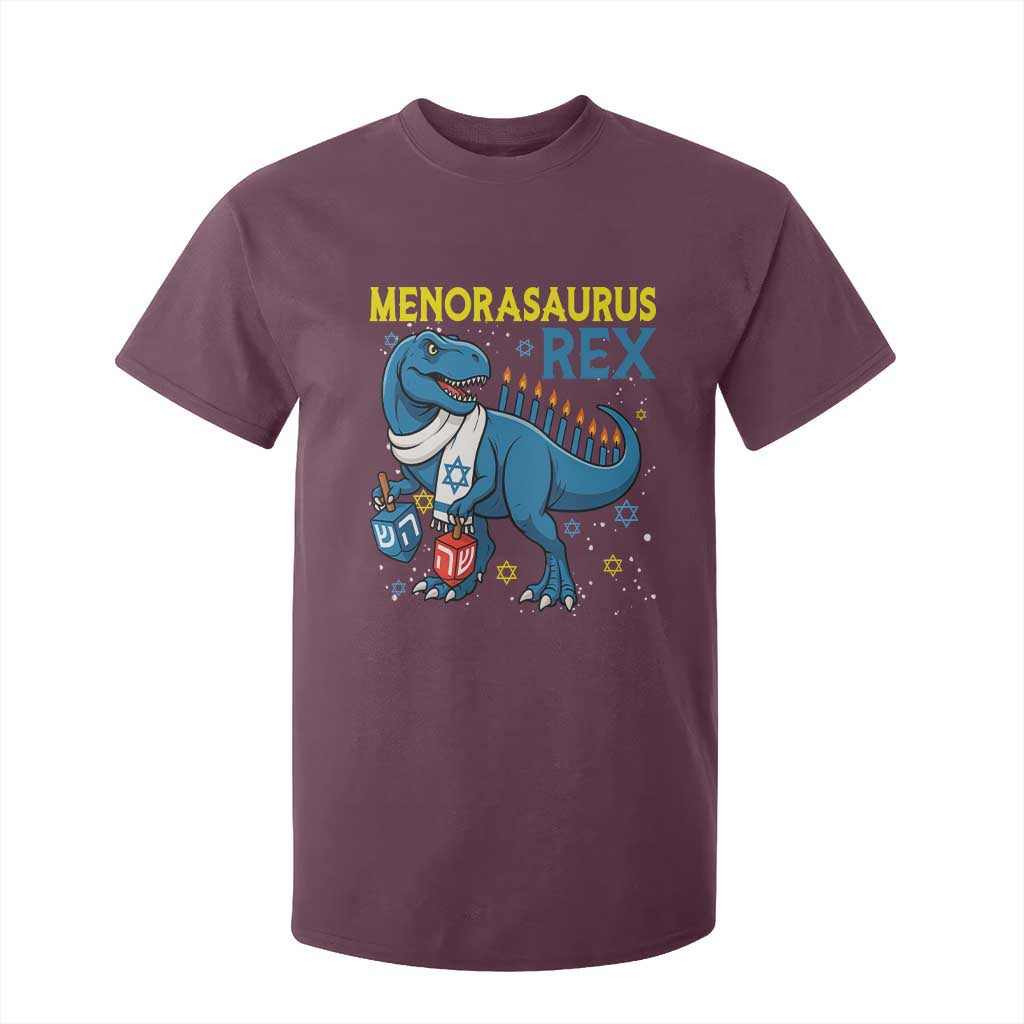 Funny Hanukkah Dinosaur With Dreidel Menorah Pun Gift T Shirt For Kid Menorasaurus Rex TS12 Maroon Print Your Wear