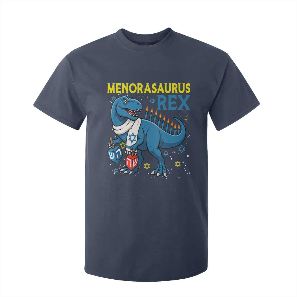 Funny Hanukkah Dinosaur With Dreidel Menorah Pun Gift T Shirt For Kid Menorasaurus Rex TS12 Navy Print Your Wear