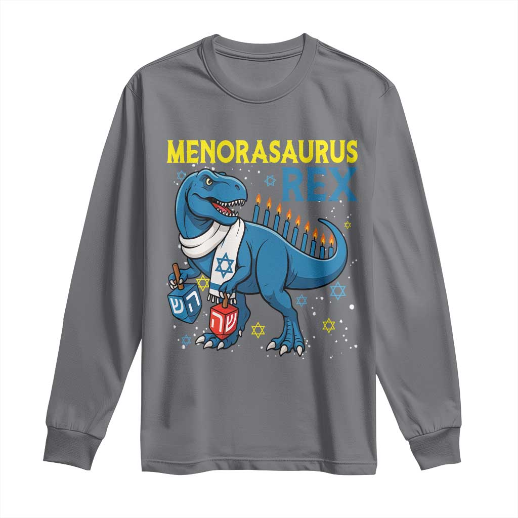 Funny Hanukkah Dinosaur With Dreidel Menorah Pun Gift Long Sleeve Shirt Menorasaurus Rex TS12 Charcoal Print Your Wear