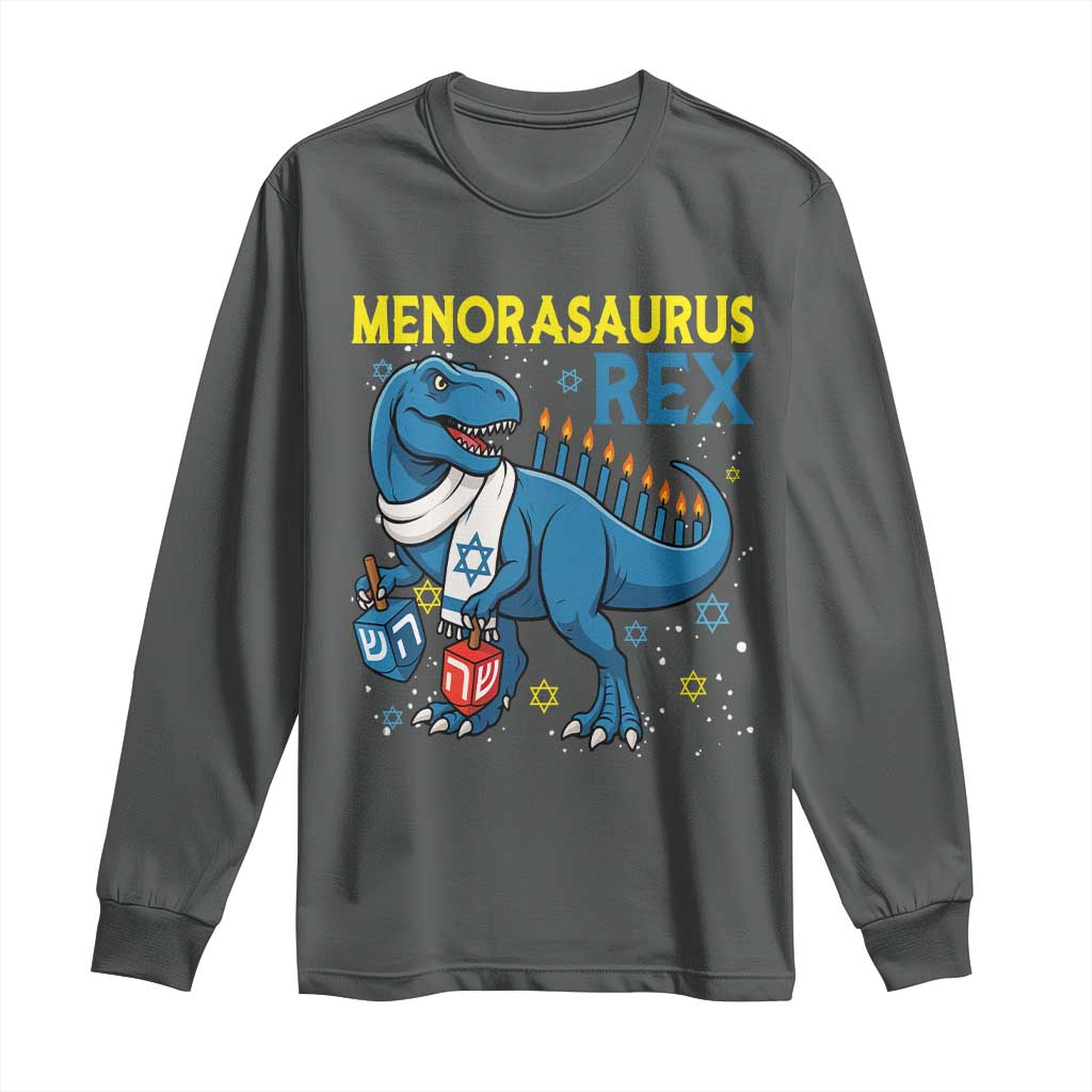 Funny Hanukkah Dinosaur With Dreidel Menorah Pun Gift Long Sleeve Shirt Menorasaurus Rex TS12 Dark Heather Print Your Wear