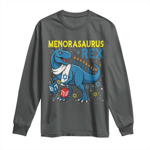 Funny Hanukkah Dinosaur With Dreidel Menorah Pun Gift Long Sleeve Shirt Menorasaurus Rex TS12 Dark Heather Print Your Wear
