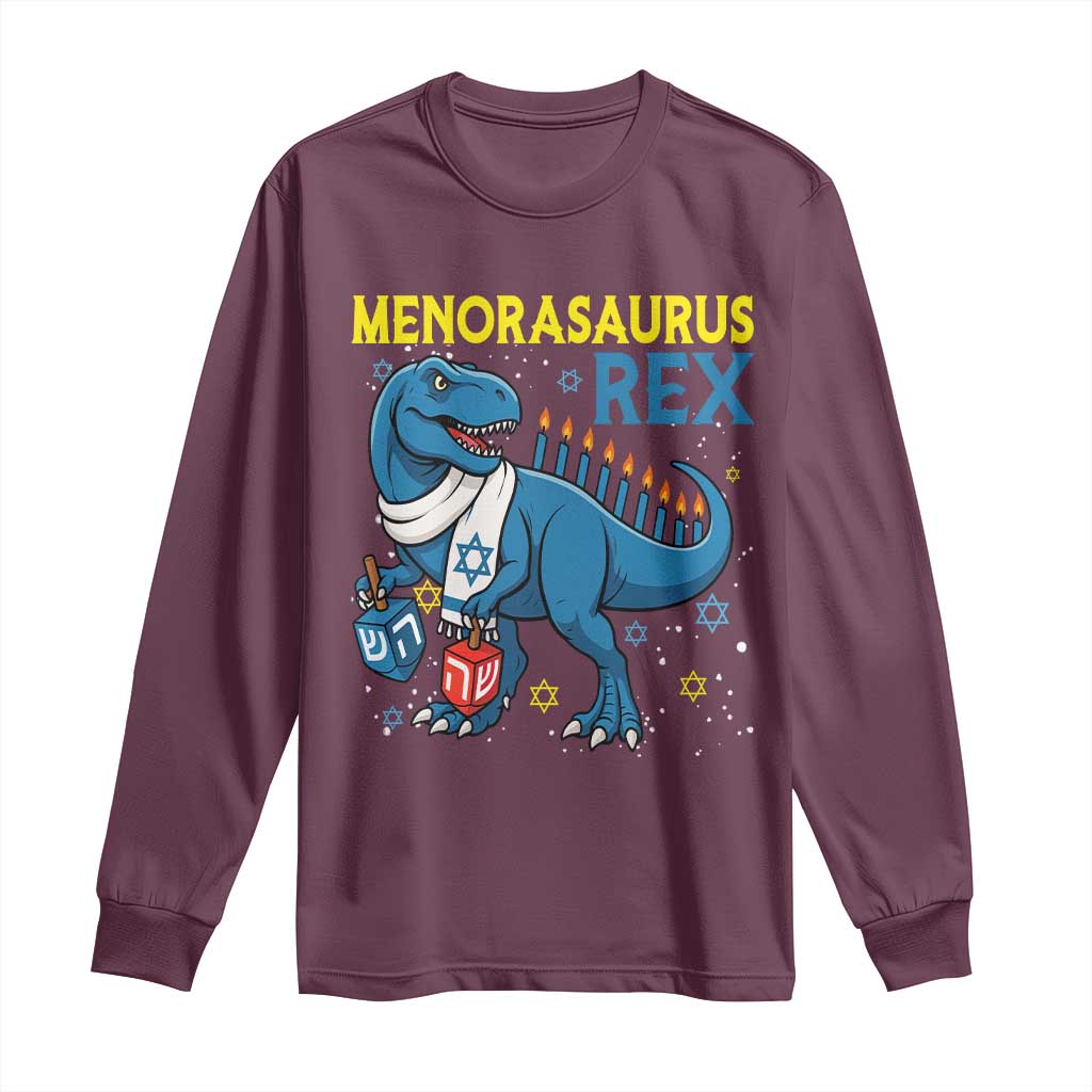 Funny Hanukkah Dinosaur With Dreidel Menorah Pun Gift Long Sleeve Shirt Menorasaurus Rex TS12 Maroon Print Your Wear