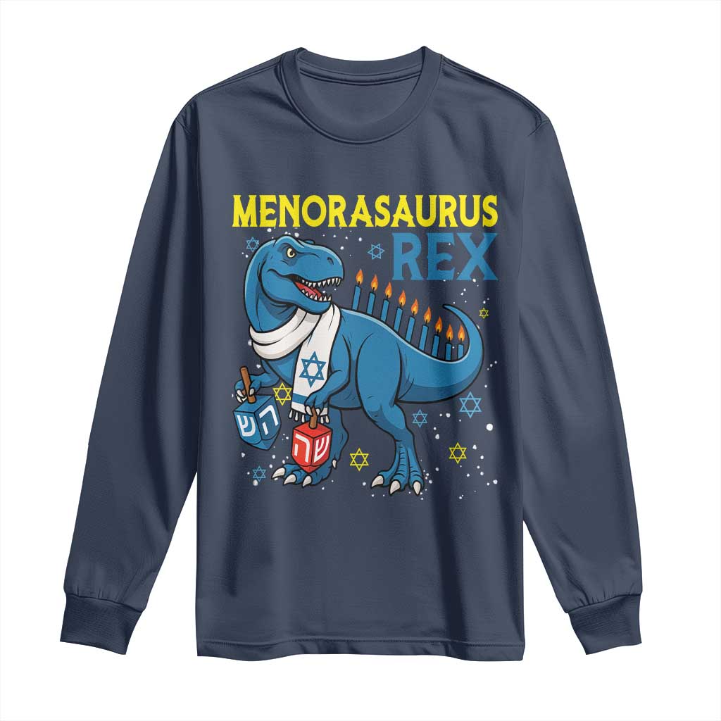 Funny Hanukkah Dinosaur With Dreidel Menorah Pun Gift Long Sleeve Shirt Menorasaurus Rex TS12 Navy Print Your Wear