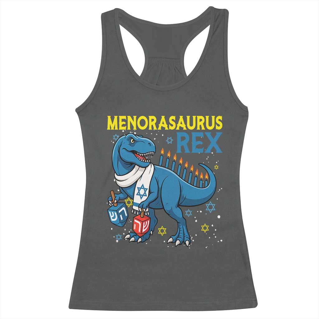 Funny Hanukkah Dinosaur With Dreidel Menorah Pun Gift Racerback Tank Top Menorasaurus Rex TS12 Dark Heather Print Your Wear