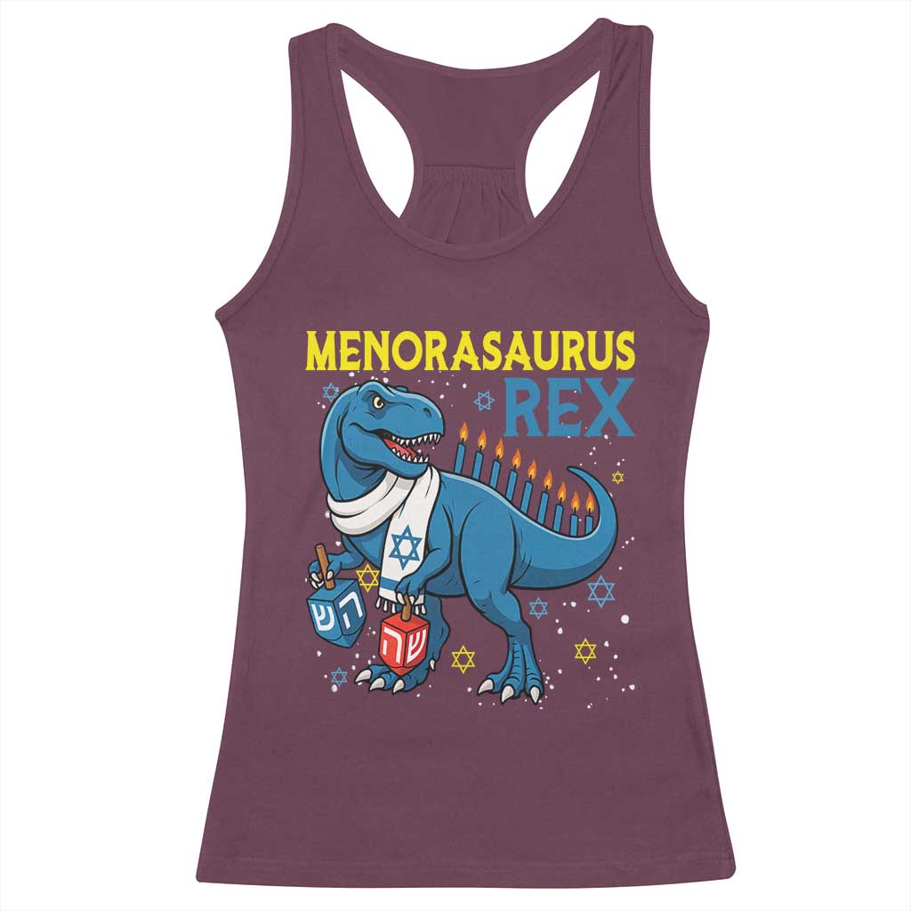 Funny Hanukkah Dinosaur With Dreidel Menorah Pun Gift Racerback Tank Top Menorasaurus Rex TS12 Maroon Print Your Wear