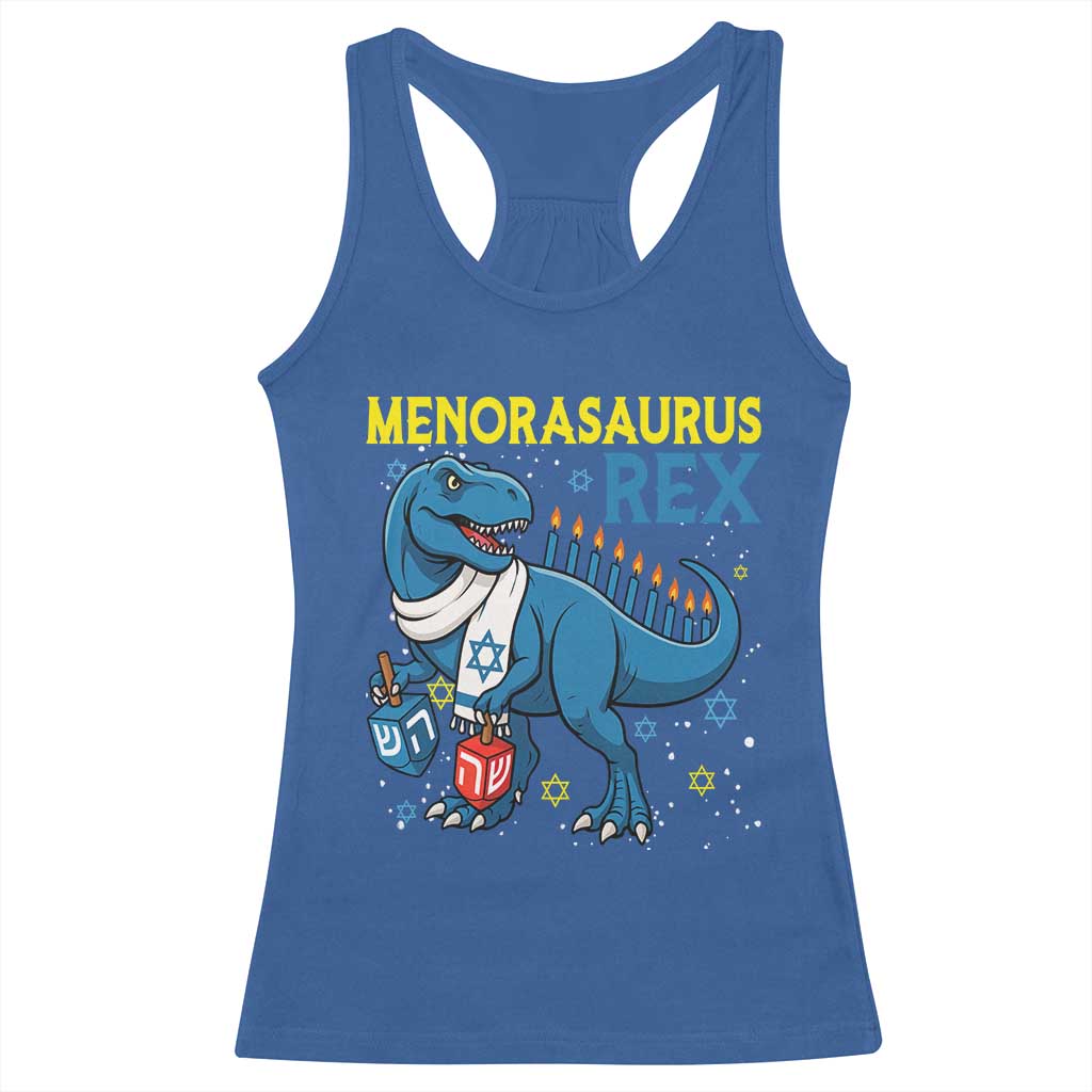 Funny Hanukkah Dinosaur With Dreidel Menorah Pun Gift Racerback Tank Top Menorasaurus Rex TS12 Royal Blue Print Your Wear