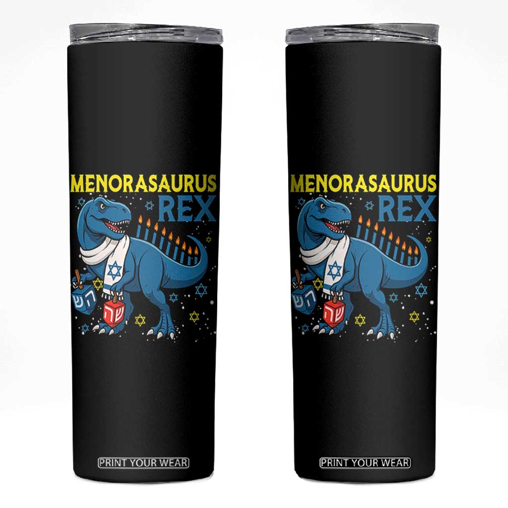 Funny Hanukkah Dinosaur With Dreidel Menorah Pun Gift Skinny Tumbler Menorasaurus Rex TS12 Black Print Your Wear