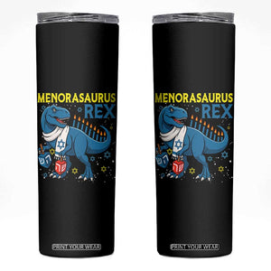 Funny Hanukkah Dinosaur With Dreidel Menorah Pun Gift Skinny Tumbler Menorasaurus Rex TS12 Black Print Your Wear