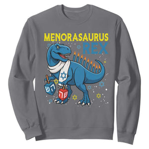 Funny Hanukkah Dinosaur With Dreidel Menorah Pun Gift Sweatshirt Menorasaurus Rex TS12 Charcoal Print Your Wear