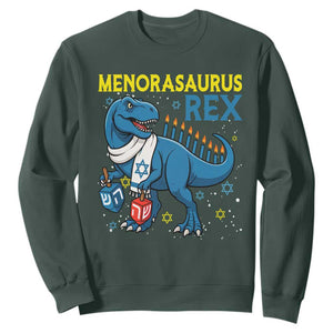 Funny Hanukkah Dinosaur With Dreidel Menorah Pun Gift Sweatshirt Menorasaurus Rex TS12 Dark Forest Green Print Your Wear