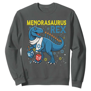 Funny Hanukkah Dinosaur With Dreidel Menorah Pun Gift Sweatshirt Menorasaurus Rex TS12 Dark Heather Print Your Wear