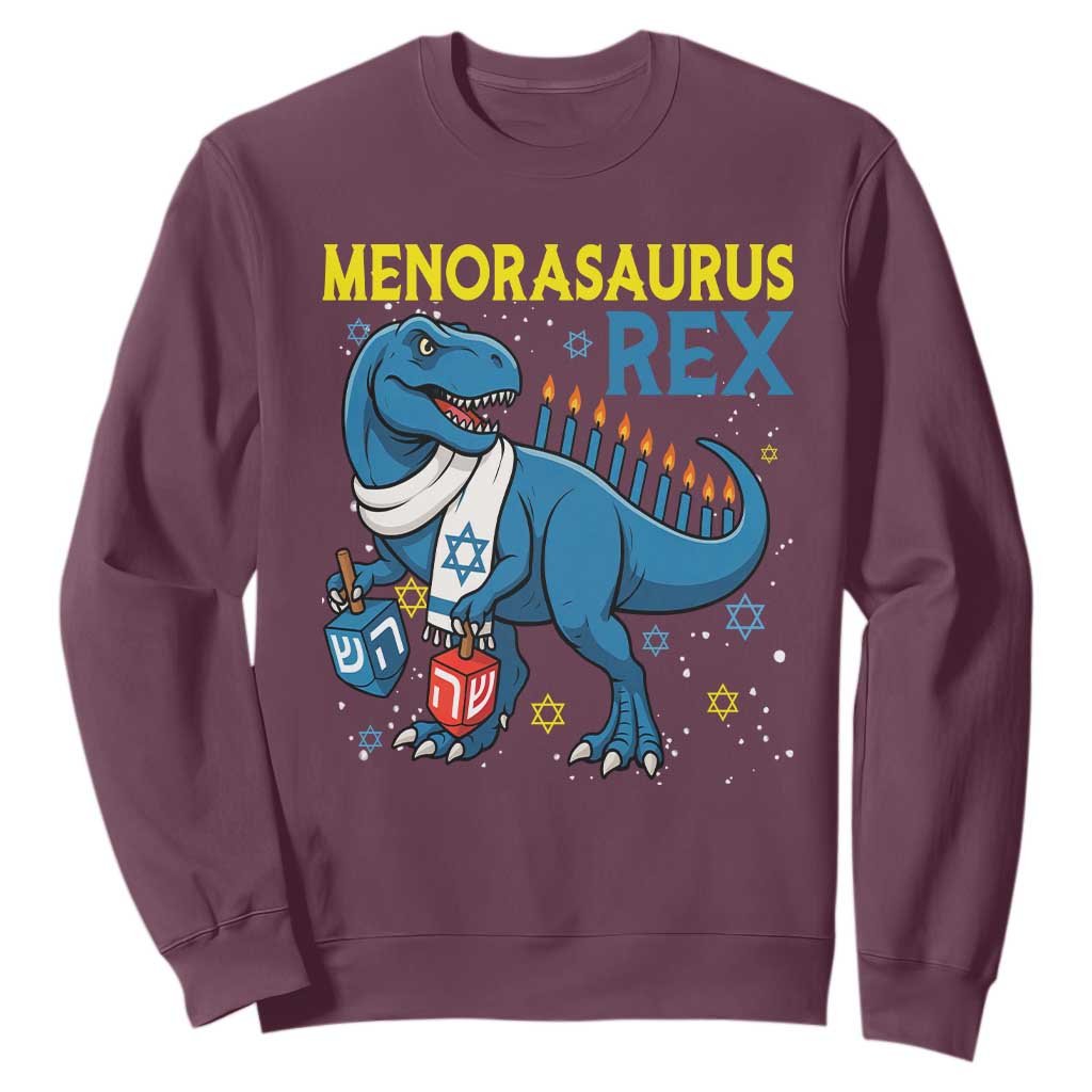 Funny Hanukkah Dinosaur With Dreidel Menorah Pun Gift Sweatshirt Menorasaurus Rex TS12 Maroon Print Your Wear