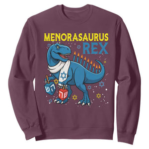 Funny Hanukkah Dinosaur With Dreidel Menorah Pun Gift Sweatshirt Menorasaurus Rex TS12 Maroon Print Your Wear