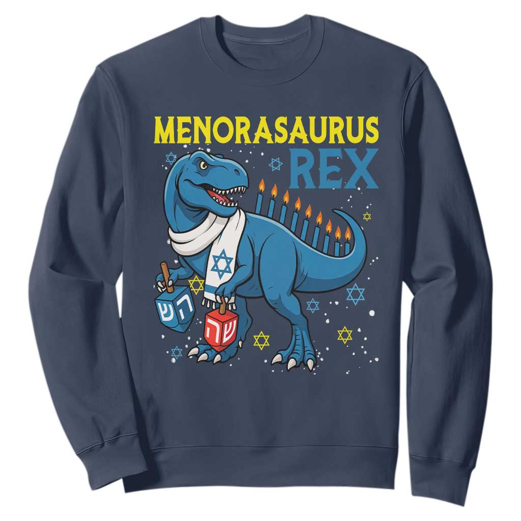 Funny Hanukkah Dinosaur With Dreidel Menorah Pun Gift Sweatshirt Menorasaurus Rex TS12 Navy Print Your Wear
