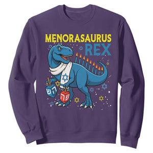 Funny Hanukkah Dinosaur With Dreidel Menorah Pun Gift Sweatshirt Menorasaurus Rex TS12 Purple Print Your Wear