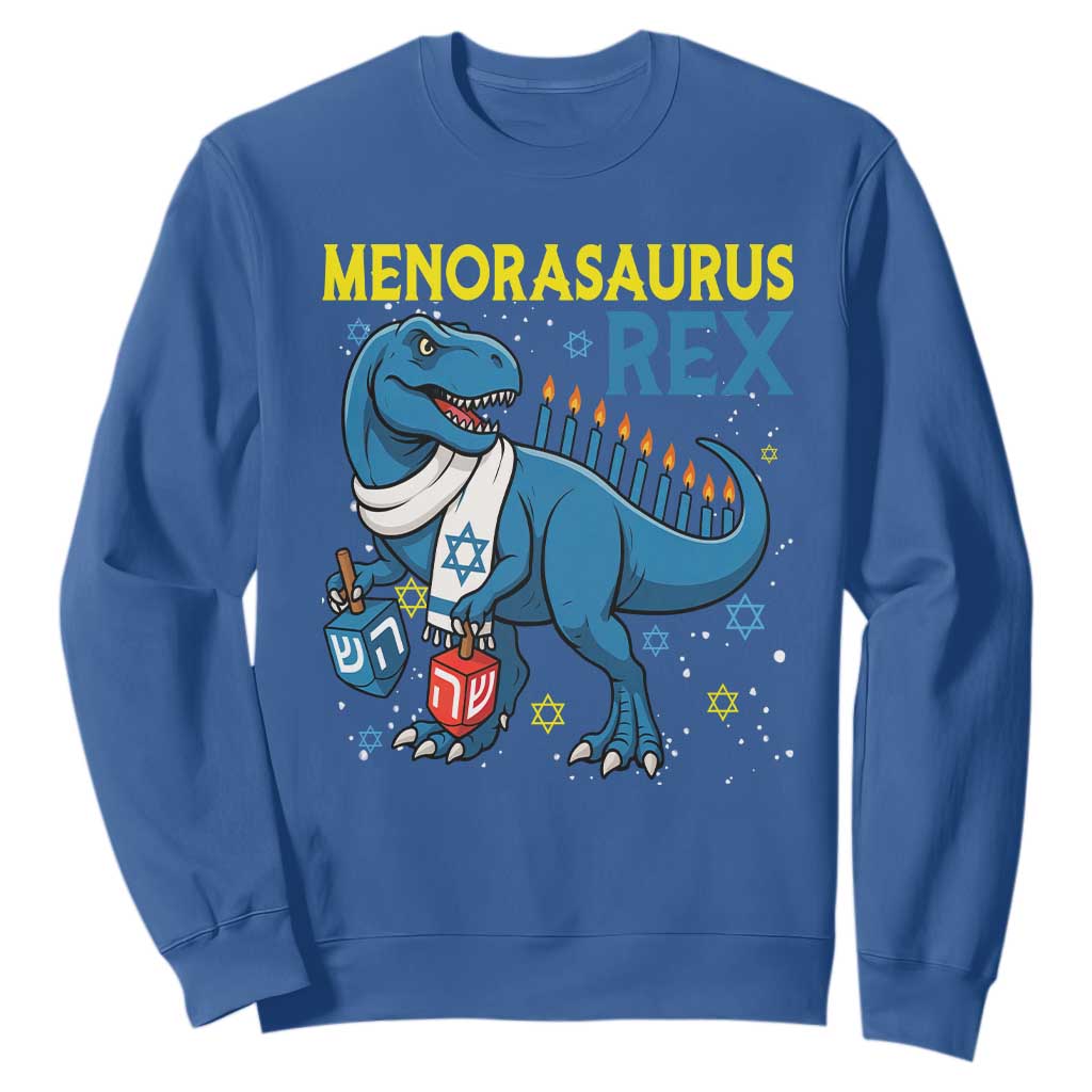 Funny Hanukkah Dinosaur With Dreidel Menorah Pun Gift Sweatshirt Menorasaurus Rex TS12 Royal Blue Print Your Wear