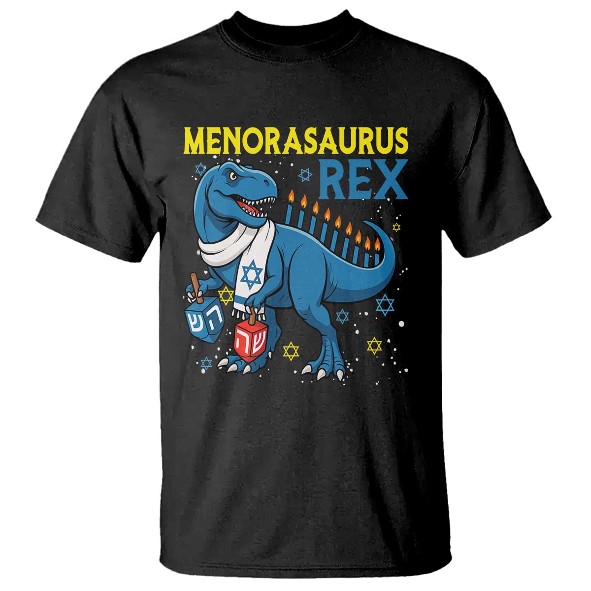 Funny Hanukkah Dinosaur With Dreidel Menorah Pun Gift T Shirt Menorasaurus Rex TS12 Black Print Your Wear