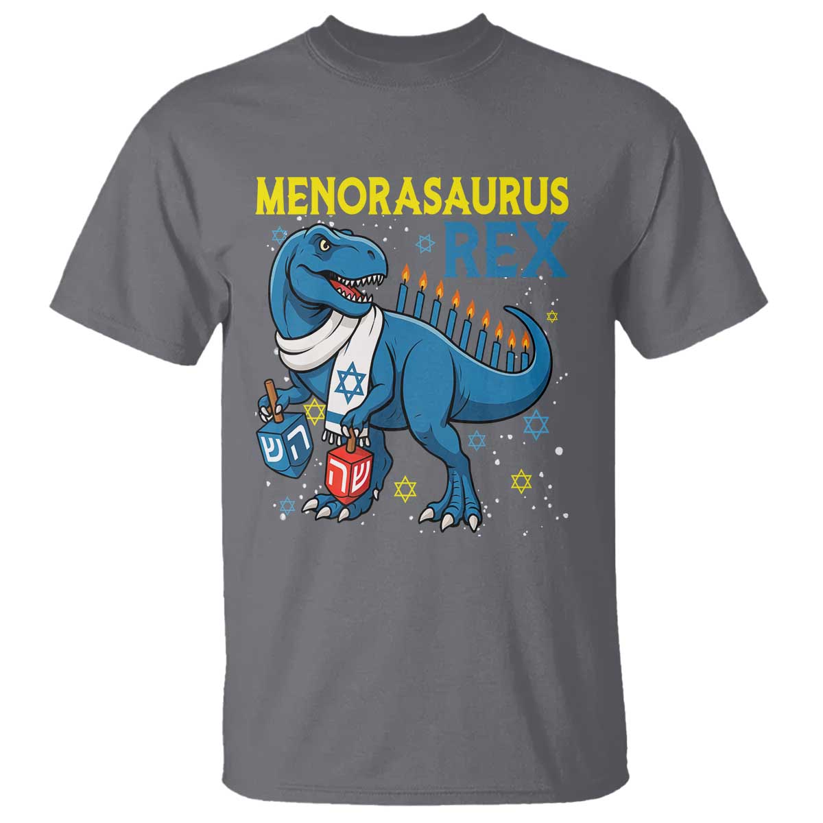Funny Hanukkah Dinosaur With Dreidel Menorah Pun Gift T Shirt Menorasaurus Rex TS12 Charcoal Print Your Wear