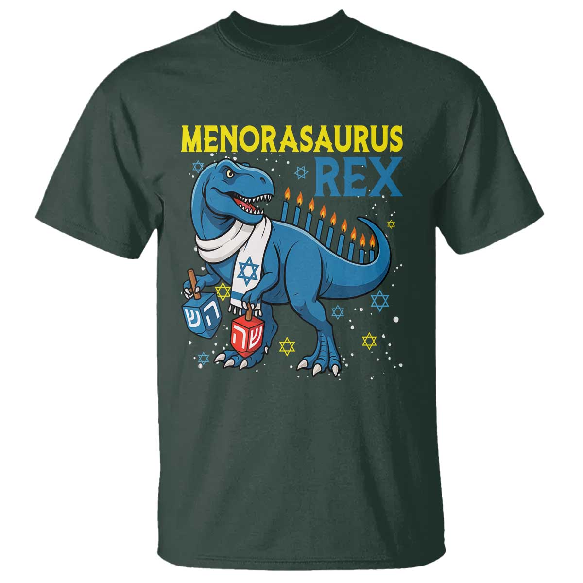 Funny Hanukkah Dinosaur With Dreidel Menorah Pun Gift T Shirt Menorasaurus Rex TS12 Dark Forest Green Print Your Wear