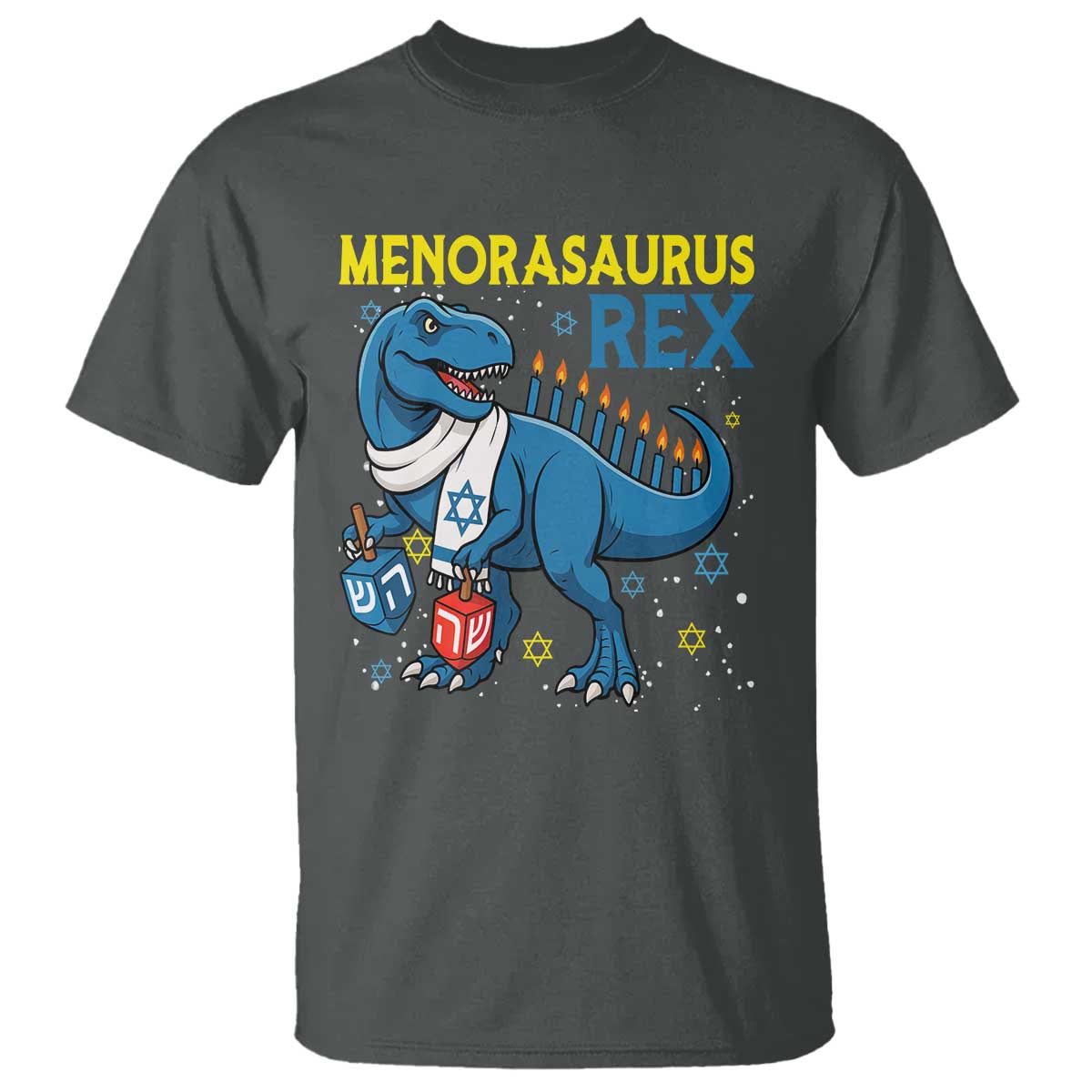 Funny Hanukkah Dinosaur With Dreidel Menorah Pun Gift T Shirt Menorasaurus Rex TS12 Dark Heather Print Your Wear