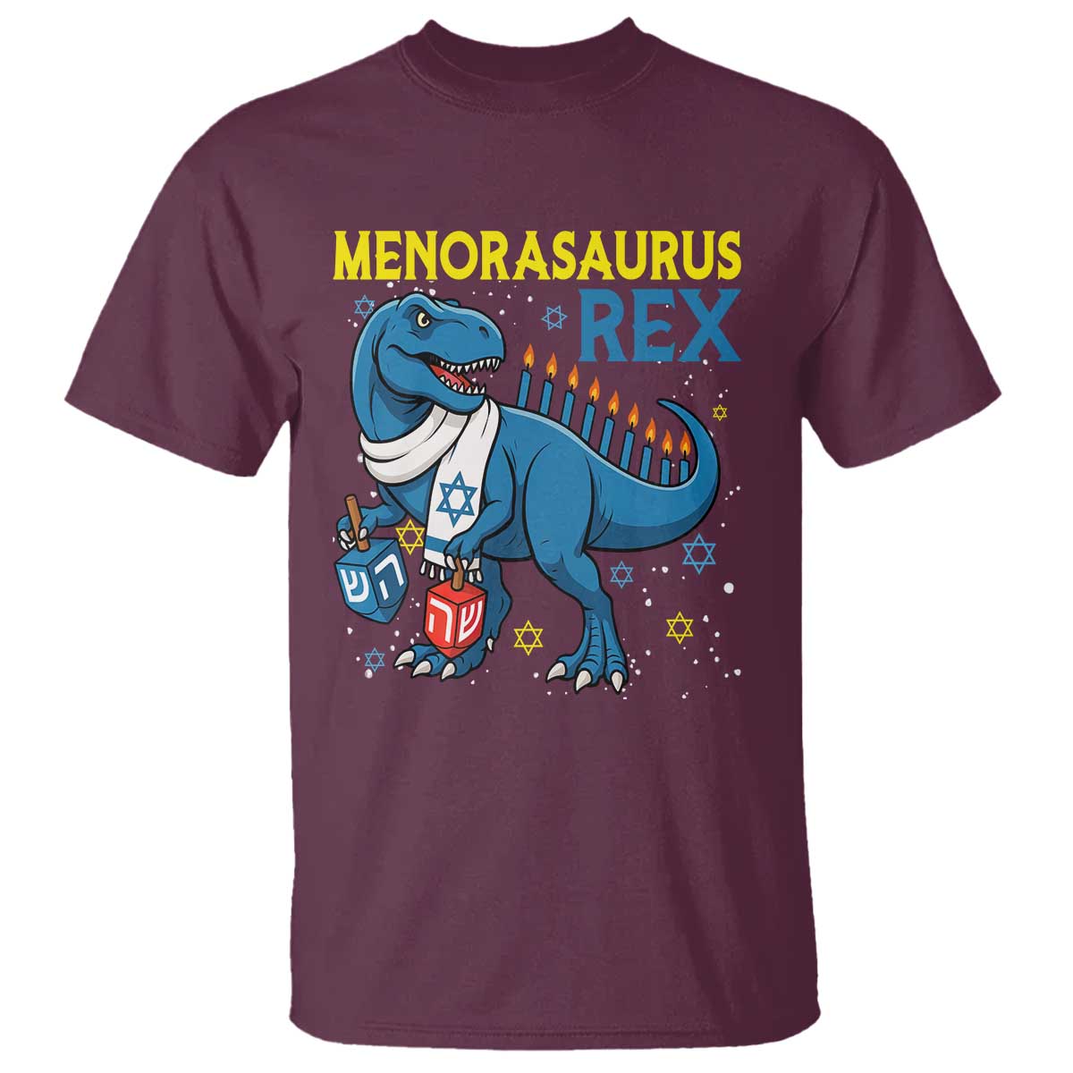 Funny Hanukkah Dinosaur With Dreidel Menorah Pun Gift T Shirt Menorasaurus Rex TS12 Maroon Print Your Wear