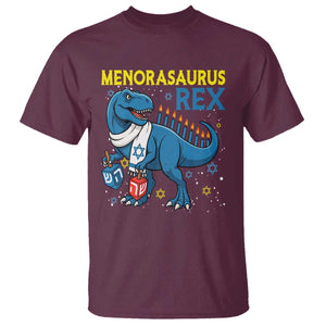 Funny Hanukkah Dinosaur With Dreidel Menorah Pun Gift T Shirt Menorasaurus Rex TS12 Maroon Print Your Wear