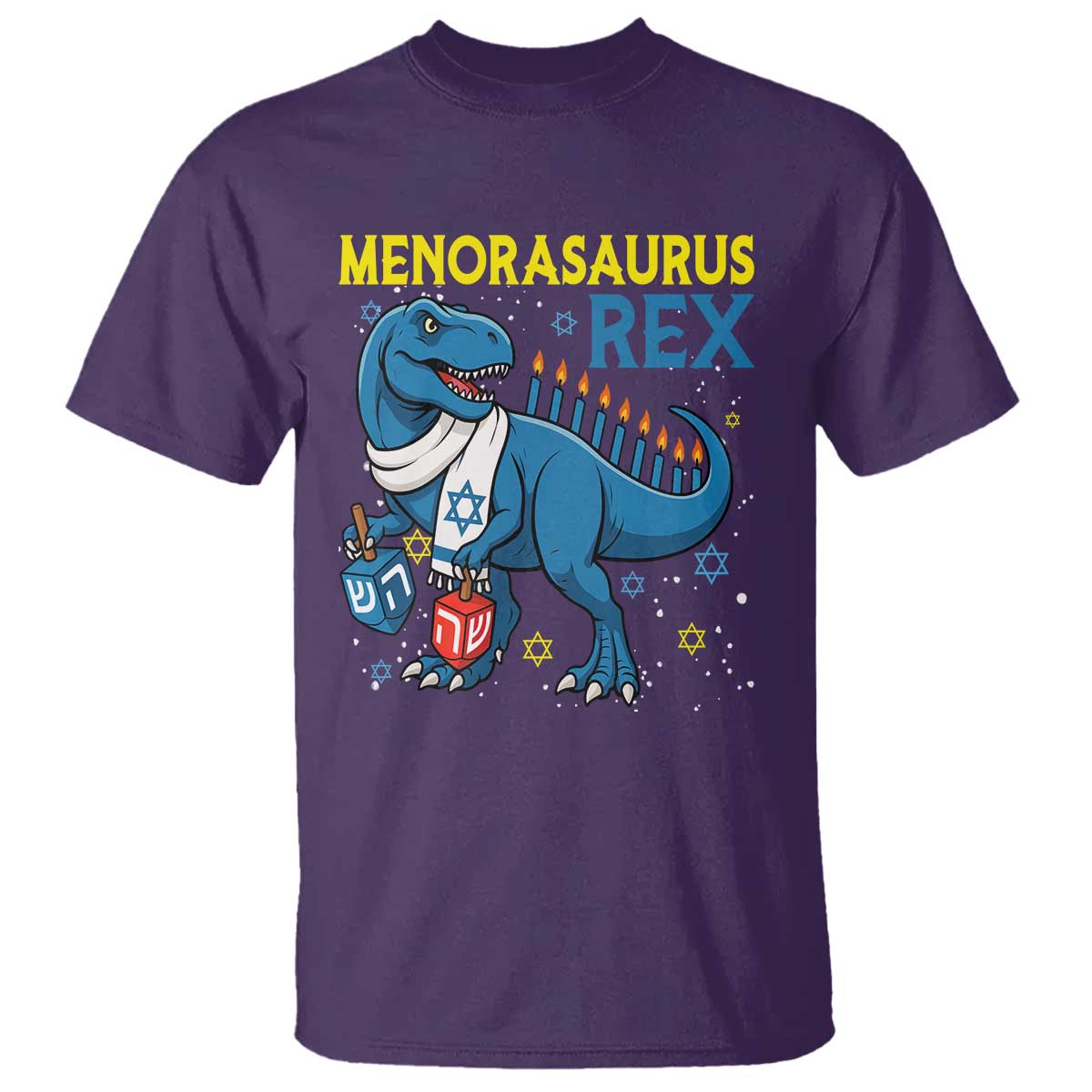 Funny Hanukkah Dinosaur With Dreidel Menorah Pun Gift T Shirt Menorasaurus Rex TS12 Purple Print Your Wear