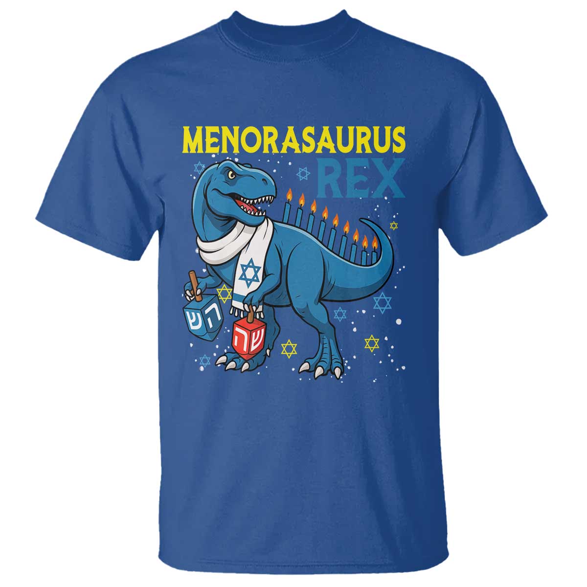 Funny Hanukkah Dinosaur With Dreidel Menorah Pun Gift T Shirt Menorasaurus Rex TS12 Royal Blue Print Your Wear
