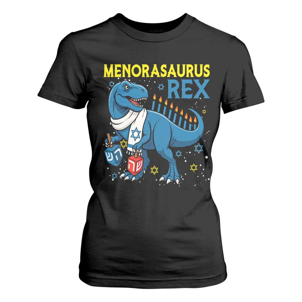 Funny Hanukkah Dinosaur With Dreidel Menorah Pun Gift T Shirt For Women Menorasaurus Rex TS12 Black Print Your Wear