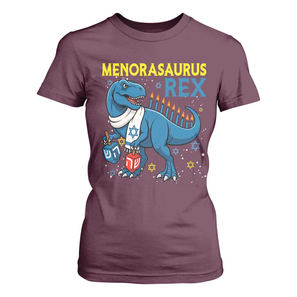 Funny Hanukkah Dinosaur With Dreidel Menorah Pun Gift T Shirt For Women Menorasaurus Rex TS12 Maroon Print Your Wear