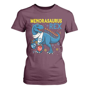 Funny Hanukkah Dinosaur With Dreidel Menorah Pun Gift T Shirt For Women Menorasaurus Rex TS12 Maroon Print Your Wear