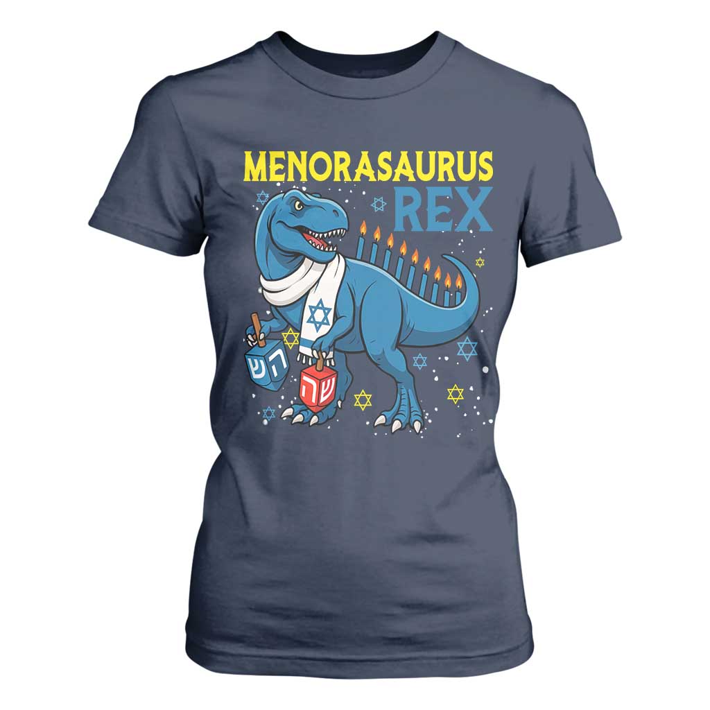 Funny Hanukkah Dinosaur With Dreidel Menorah Pun Gift T Shirt For Women Menorasaurus Rex TS12 Navy Print Your Wear