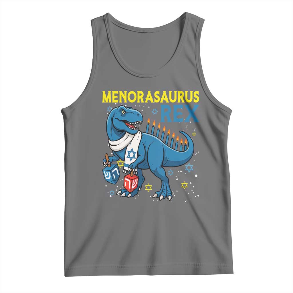 Funny Hanukkah Dinosaur With Dreidel Menorah Pun Gift Tank Top Menorasaurus Rex TS12 Black Heather Print Your Wear