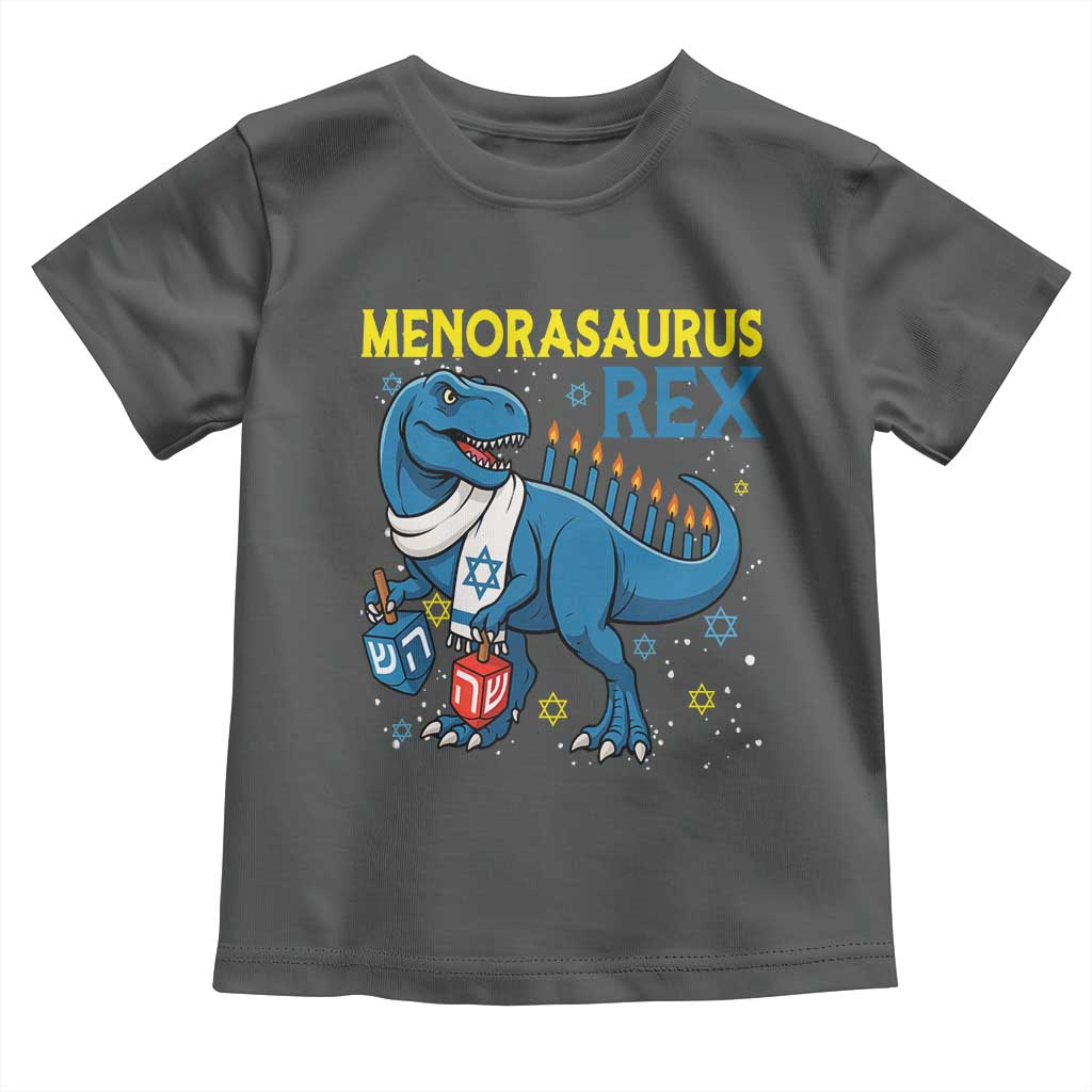 Funny Hanukkah Dinosaur With Dreidel Menorah Pun Gift Toddler T Shirt Menorasaurus Rex TS12 Dark Heather Print Your Wear