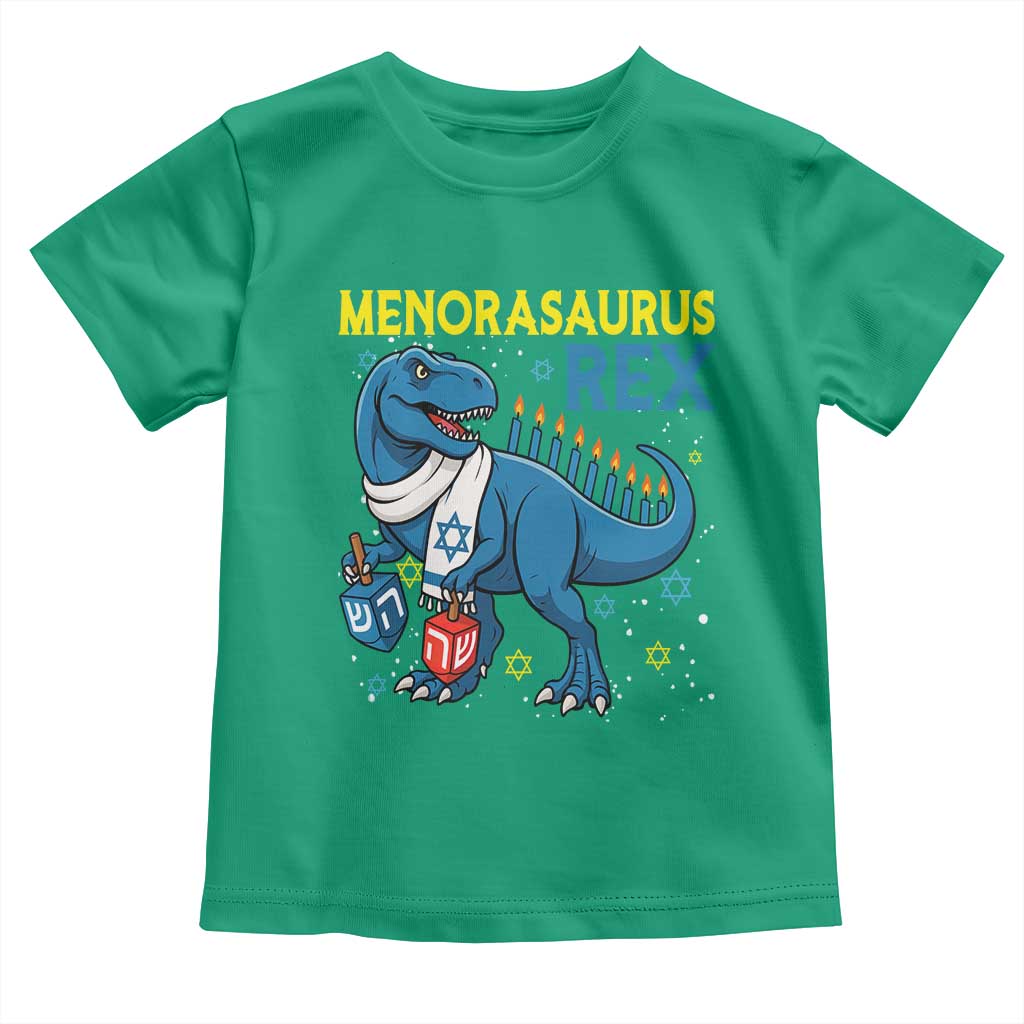 Funny Hanukkah Dinosaur With Dreidel Menorah Pun Gift Toddler T Shirt Menorasaurus Rex TS12 Irish Green Print Your Wear
