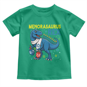 Funny Hanukkah Dinosaur With Dreidel Menorah Pun Gift Toddler T Shirt Menorasaurus Rex TS12 Irish Green Print Your Wear