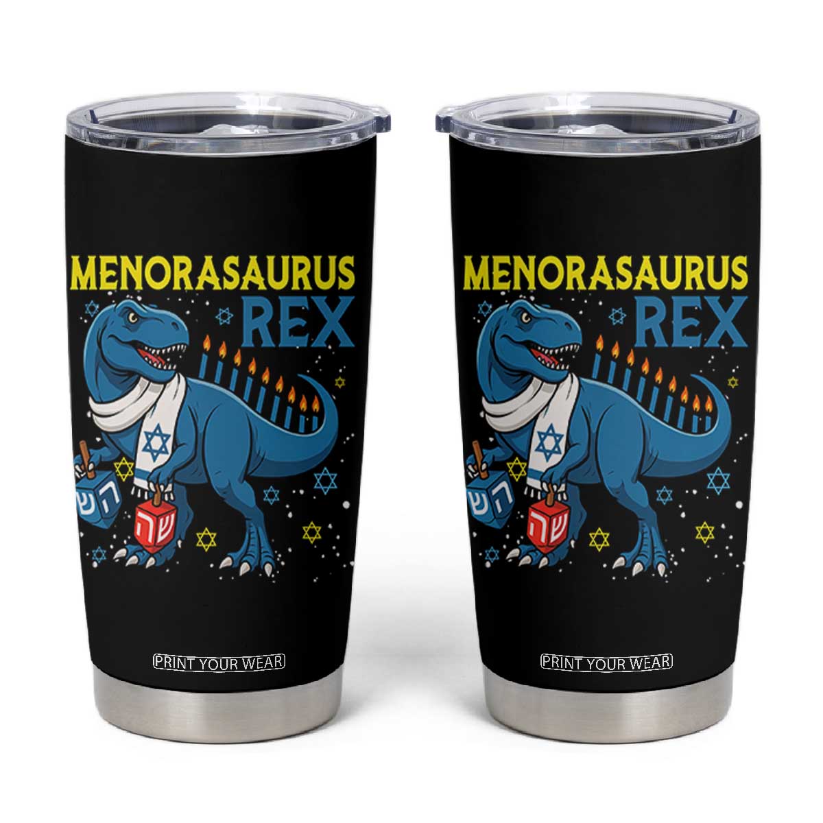 Funny Hanukkah Dinosaur With Dreidel Menorah Pun Gift Tumbler Cup Menorasaurus Rex TS12 Black Print Your Wear