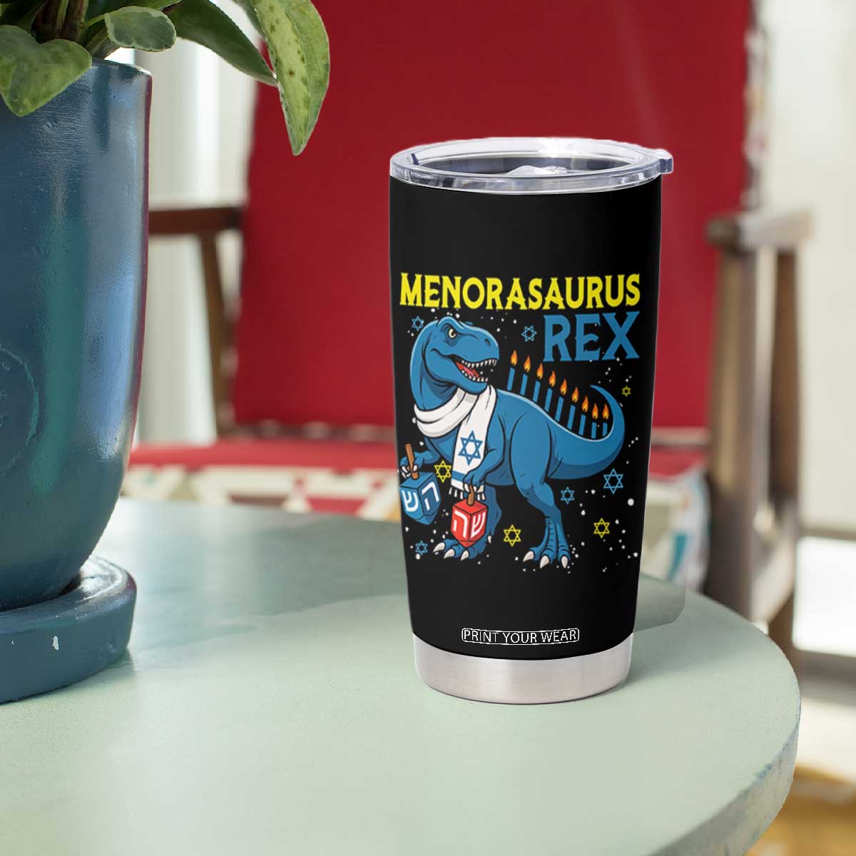 Funny Hanukkah Dinosaur With Dreidel Menorah Pun Gift Tumbler Cup Menorasaurus Rex TS12 Print Your Wear